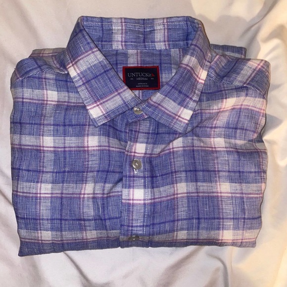 UNTUCKit Long Sleeve Button Shirt Men Size Medium 100% Linen Plaid Casual Preppy - Picture 9 of 10